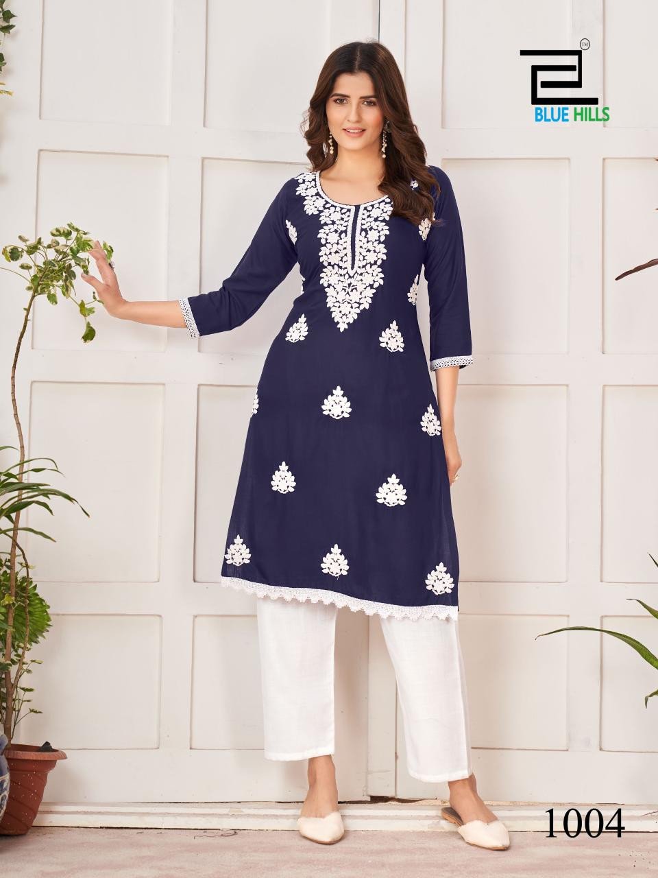 ADA Lucknow Chikan Hand Embroidered Womens Faux Georgette Kurti (A218680_  Blue)
