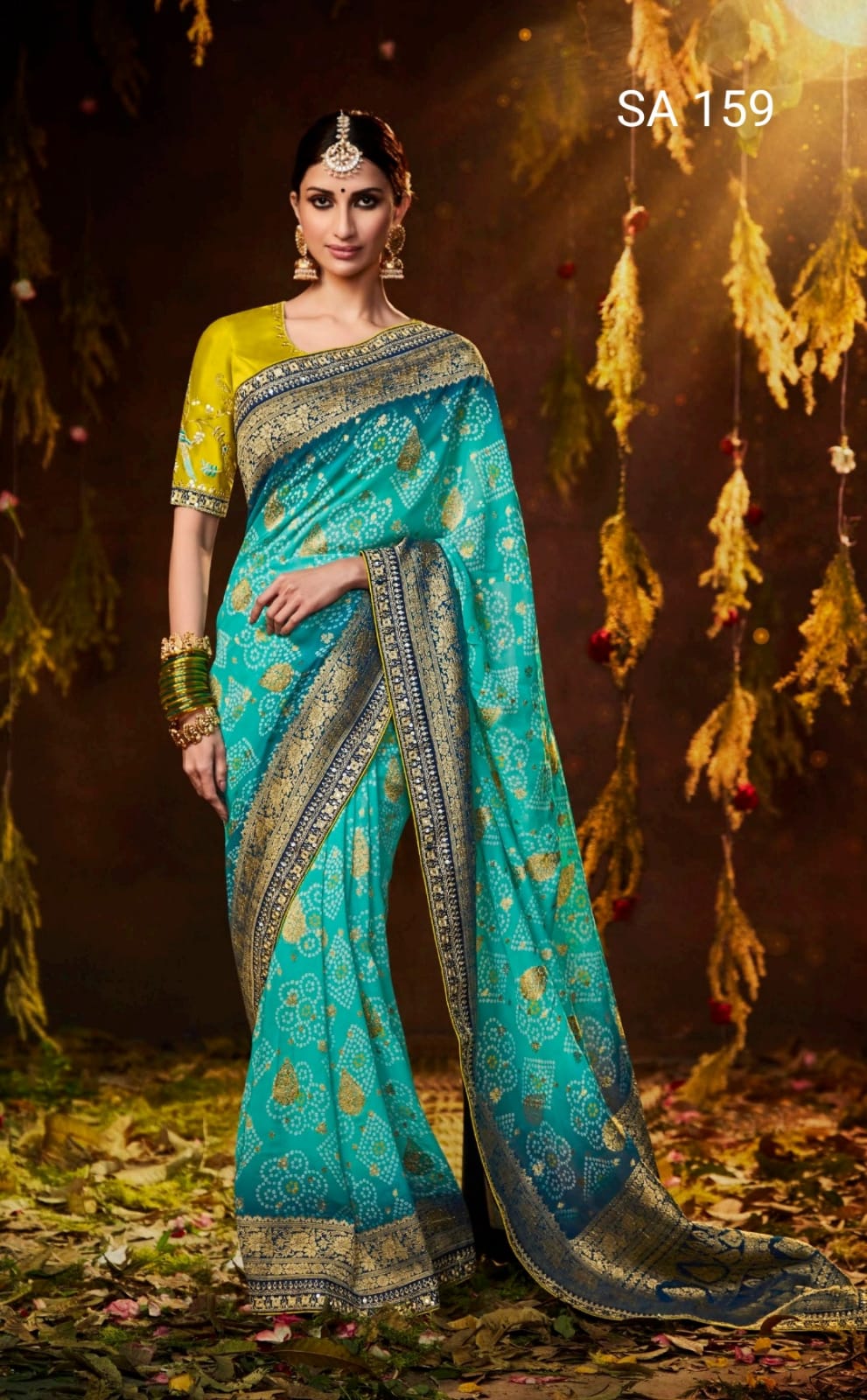 Green & Blue Silk Swarovski Pallu Bandhani Saree - Sarees Designer  Collection