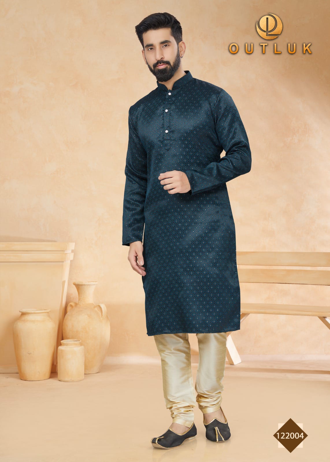 Silk Cream Gold Men Kurta Pajama with Weave Work | Mens Ethnic Wear |  Indian Men Clothing USA | Wedding Wear Kurtas | Kaash Collection